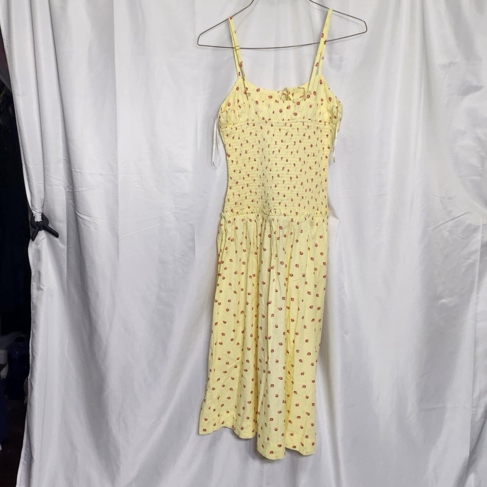 Free People Lavender Daze Midi Dress Sz S Yellow Strawberry Drop- Waist Smocked - Picture 7 of 13